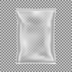 Clear resealable plastic bag with zip lock on transparent background.  Empty blank  PVC vinyl package mockup. Realistic vector mock-up. Can be use for template your design, promo, adv.