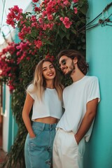 A joyful couple smiling together in front of flowers.