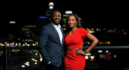Confident african couple posing at night cityscape for modern urban lifestyle