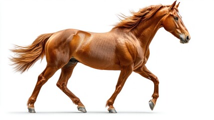 Obraz premium Chestnut horse in motion against white background.