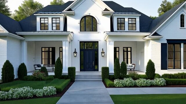 Elegant suburban house showcasing beautiful architecture and inviting landscaping with a welcoming front entrance