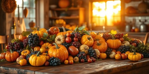 A vibrant table overflowing with pumpkins, grapes, and assorted fruits, bathed in the warm glow of a setting sun, creating a scene of autumnal abundance.