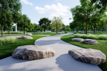 A 3D-rendered family enjoying a sunny day in a modern park, with realistic lighting and lifelike expressions, capturing warmth and happiness