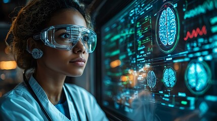 A healthcare professional using AI-powered diagnostic tools on a holographic screen in a futuristic hospital