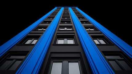 Blue Steel Skyscraper: A towering skyscraper with blue accents, captured in a dramatic low-angle shot against a black sky.