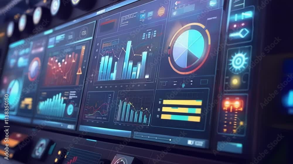 Poster animated graphs and charts display data analysis on a wall of monitors within a modern, dark control
