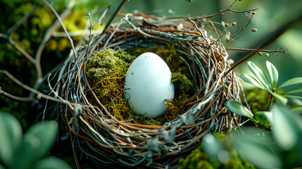 Nest cradling a single egg surrounded by vibrant greenery and soft moss