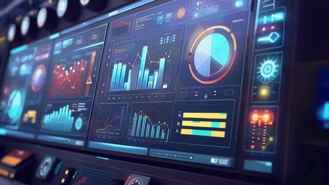 Animated graphs and charts display data analysis on a wall of monitors within a modern, dark control room, showcasing advanced technology and digital information flow