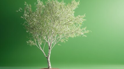 Fototapeta premium A Lone Birch Tree Flourishing Against a Vibrant Green Backdrop