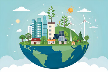Obraz premium A vibrant illustration of a green cityscape on a globe, featuring buildings, trees, solar panels, and wind turbines, symbolizing sustainability and eco-friendliness.