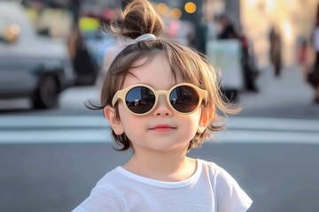 Cute little child with sunglasses on a city street background