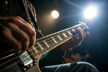 Obraz premium A close-up of a guitarist's hand playing an electric guitar under stage lights, showcasing musical passion and performance.