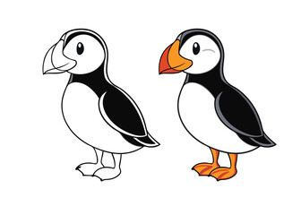 A coloring page featuring an Atlantic puffin, with its colorful beak, black and white feathers, and distinctive orange legs, perched on rocky coastal cliffs by the sea.