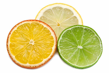 Fototapeta premium Fresh citrus slices including lemon, lime, and orange, showcasing vibrant colors and textures, perfect for culinary uses and health benefits.