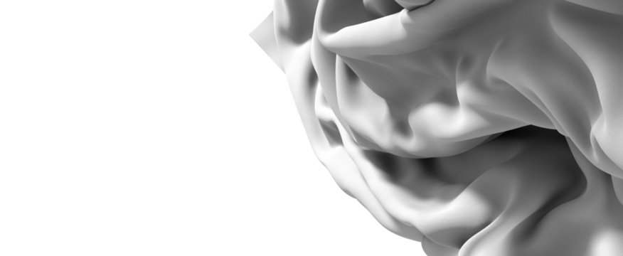 Close-up image of a white fabric, showcasing its texture and flowing drapes. The folds and curves of the material create a mesmerizing abstract pattern