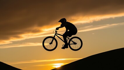 Fototapeta premium Mountain Biking at Sunset, Silhouette of a biker in the evening
