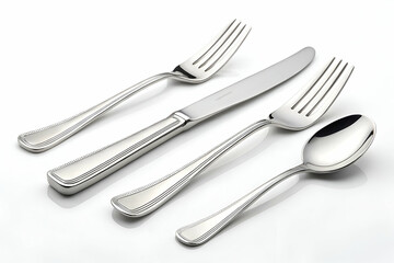A collection of elegant silver cutlery including forks, a knife, and a spoon, arranged neatly against a white background.