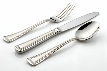 A set of elegant stainless steel cutlery featuring a knife, fork, and spoon, perfect for dining occasions.