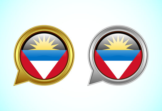 Antigua and Barbuda flag speech bubble. Speaking flag icon in gold and silver color