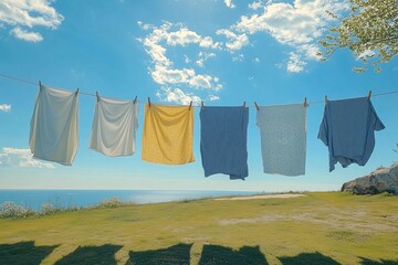 Clothes drying on a clothesline on a bright, sunny day