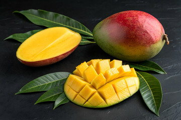 Fresh mango slices with vibrant yellow flesh, set against dark leaves and a whole mango, showcasing tropical appeal and deliciousness.