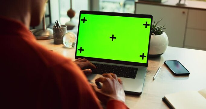 Man, hands and laptop green screen in office for business, connectivity and research mockup. Person, typing and computer with tracking markers for ecommerce, software update and internet banking
