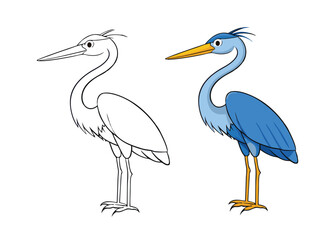 A Great Blue Heron coloring page features a tall, graceful bird with long legs, a sharp beak, and distinctive blue-gray plumage, set against a serene natural background.