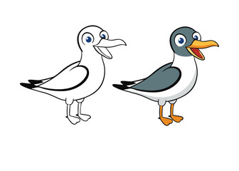 A laughing gull coloring page features a sleek bird with a white body, black head, and striking black wings, perfect for adding vibrant colors to its lively, coastal appearance.