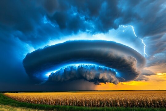 A dramatic shot of a thunderstorm rolling in over a cornfield, with dark clouds and golden stalks creating striking contrast