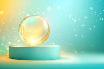 A glowing neon orb resting on a light blue podium, with a bright golden background, illustrated in...