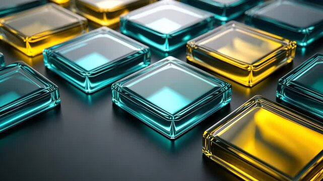 A row of square glass blocks with a blue and yellow block in the middle