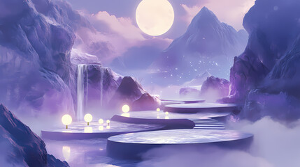 A serene mountaintop retreat where glowing lights and soft mist create a peaceful haven for exploration. Haven. Illustration