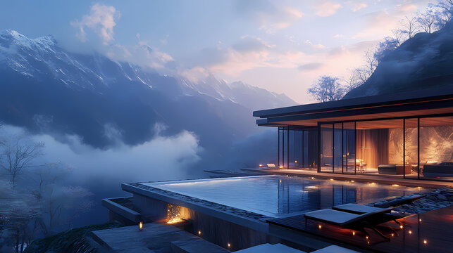 A serene mountaintop retreat where glowing lights and soft mist create a peaceful haven for exploration. Haven. Illustration