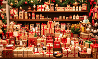 Fototapeta premium a vibrant and festive display of holiday-themed gifts
