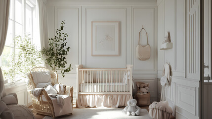 A tranquil nursery with soft pastel colors and heirloom crib, creating a comforting traditional haven for babies, generative ai. Haven. Illustration