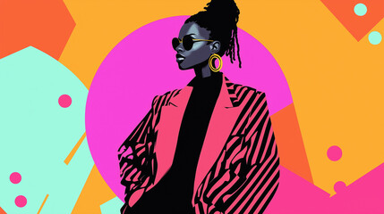Fototapeta premium A stylish 80s-inspired fashion illustration featuring bold geometric patterns, oversized blazers, and vivid neon colors, with a model striking a retro pose against a gradient background.