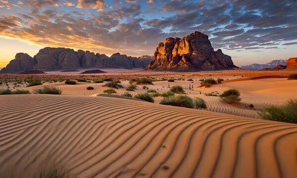 Majestic Wadi Rum Sunset: Desert Landscape in Jordan