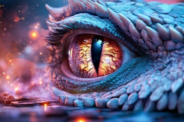 A fantastical scene of a dragon eye glowing in the darkness, framed by its shadowy scales