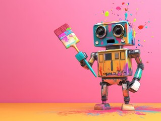 Colorful robot holding a paintbrush with splashes of bright paint on pink background. Concept of creativity, art, and playful imagination.