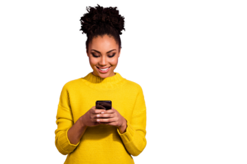 Portrait of her she nice attractive lovely winsome focused cheerful cheery wavy-haired girl holding in hands device chatting on web isolated over bright vivid shine violet background