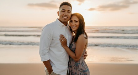 Romantic sunset beach engagement with smiling young hispanic couple in love