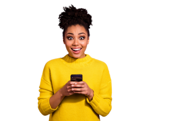 Portrait of her she nice attractive lovely cheerful cheery glad amazed wavy-haired girl holding in hands device notification news isolated over bright vivid shine violet background