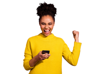 Portrait of her she nice attractive lovely cheerful cheery glad ecstatic wavy-haired girl holding in hands device great notification luck isolated over bright vivid shine violet background