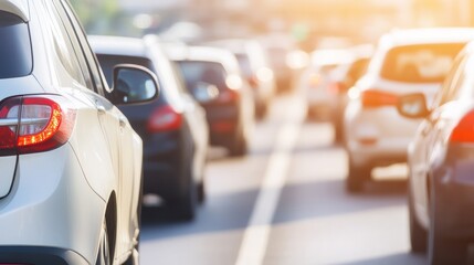 Fototapeta premium Overhead view of cars stuck in heavy traffic, highlighting the challenges of city commuting during peak hours.