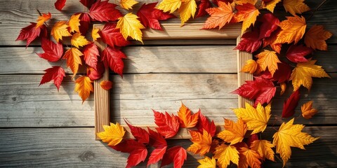 A rustic wooden background adorned with a frame surrounded by vibrant autumn leaves, showcasing the beauty of nature's transformation.