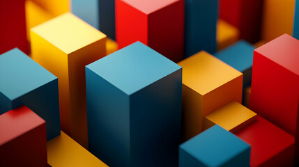 Obraz premium Abstract Geometric Cube Background, Red, Yellow, and Blue Blocks Intersect Dynamically