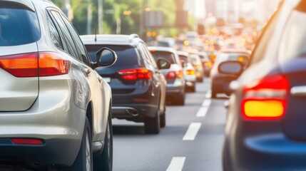 Heavy traffic on highway during rush hour, vehicles moving slowly in a long line, urban congestion and daily commute challenges.