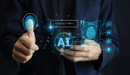 The businessman is using advanced AI technology and biometric security systems, such as fingerprint scanning, to enhance data protection and streamline digital operations.