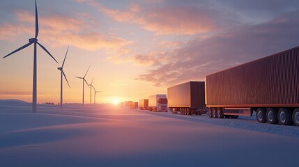 Obraz premium Warehouse management with logistics scheduling. Trucks parked in snowy landscape with wind turbines against a vibrant sunset sky, reflecting a blend of nature and industry.