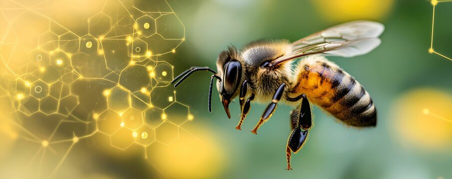 Digital transformation adaptation concept. A close-up of a bee against a blurred floral background with a scientific overlay.